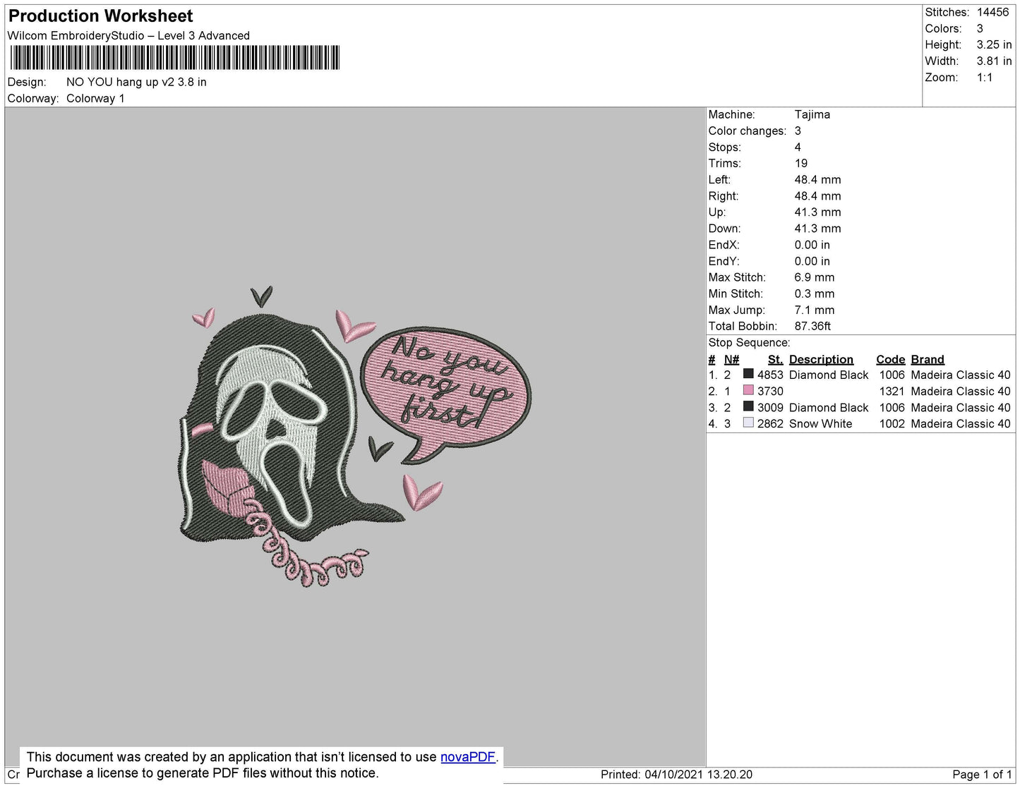 No You Hang Up Embroidery File 4 size