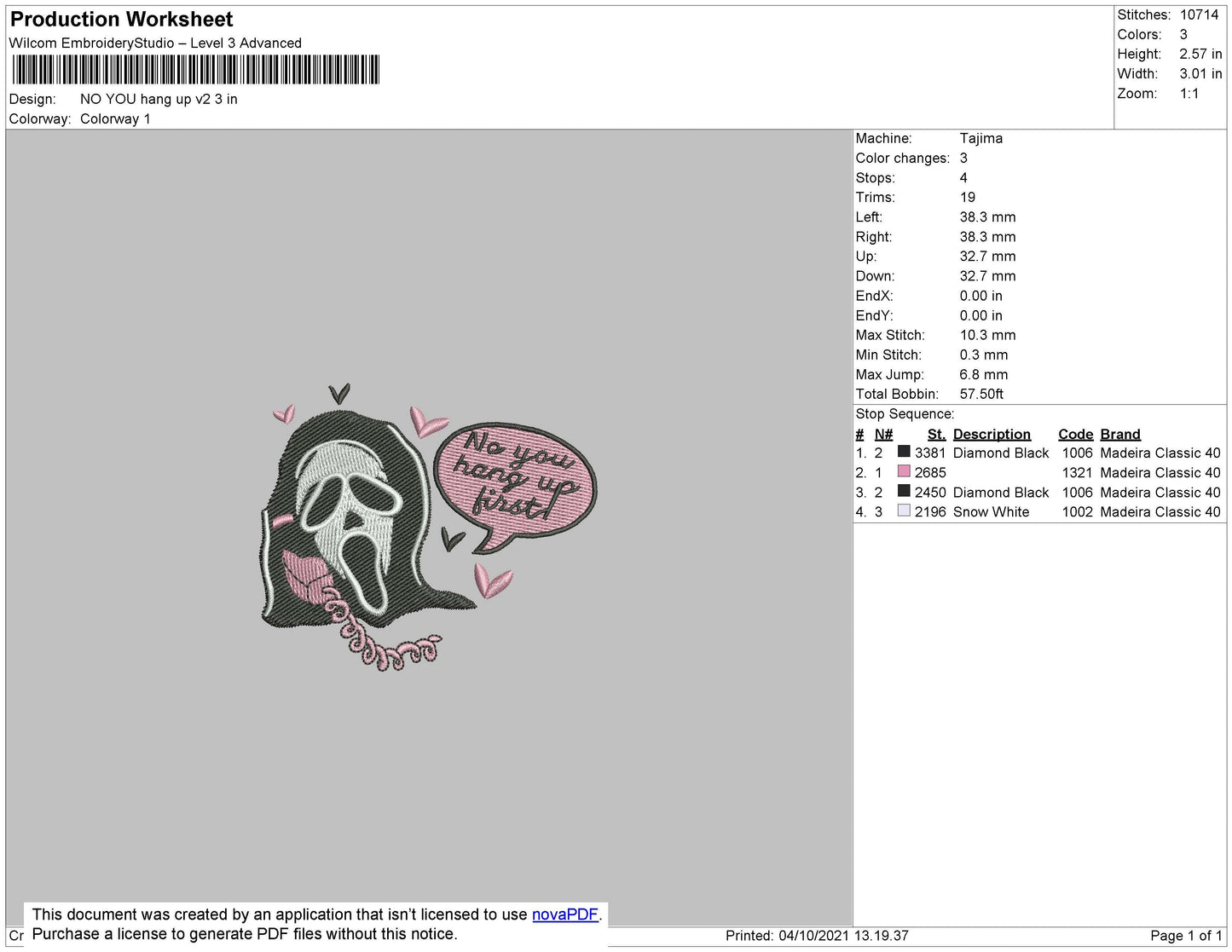 No You Hang Up Embroidery File 4 size