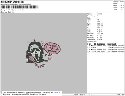 No You Hang Up Embroidery File 4 size
