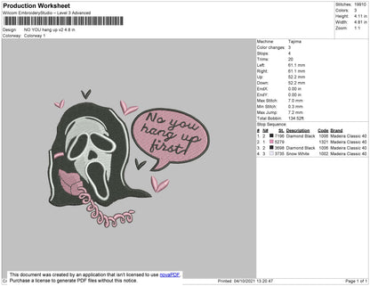 No You Hang Up Embroidery File 4 size
