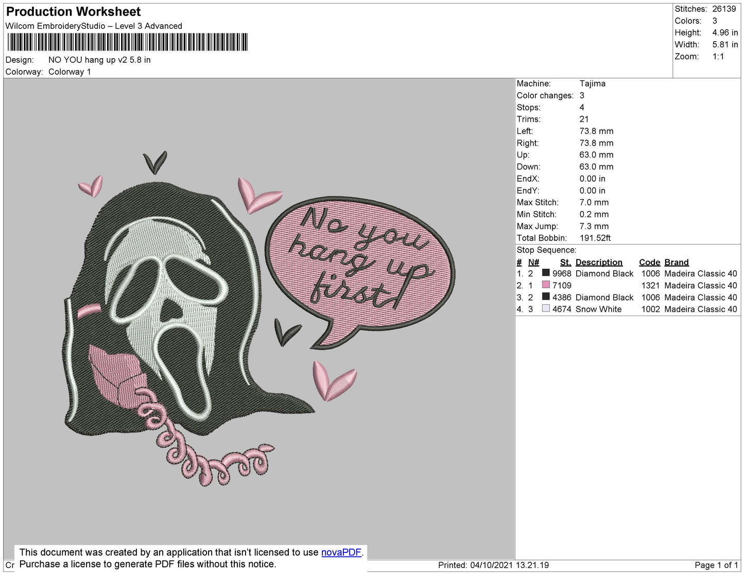 No You Hang Up Embroidery File 4 size