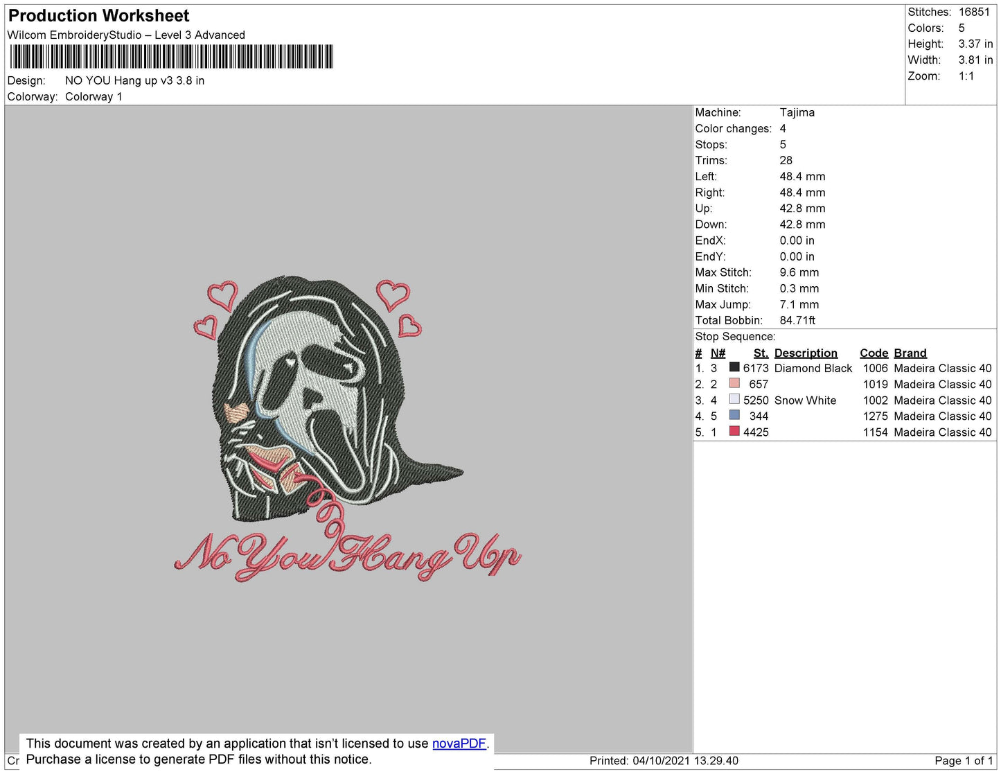 No You Hang Up V3 Embroidery File 4 size