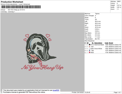 No You Hang Up V3 Embroidery File 4 size