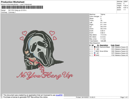 No You Hang Up V3 Embroidery File 4 size