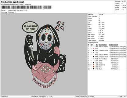 No You Hang Up First Jason Embroidery File 5 sizes