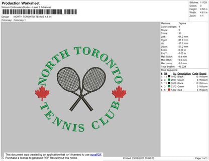 North Toronto Tennis Embroidery File 4 size