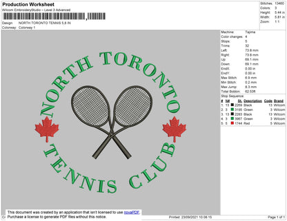 North Toronto Tennis Embroidery File 4 size