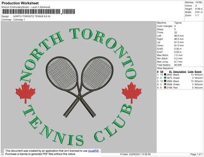 North Toronto Tennis Embroidery File 4 size