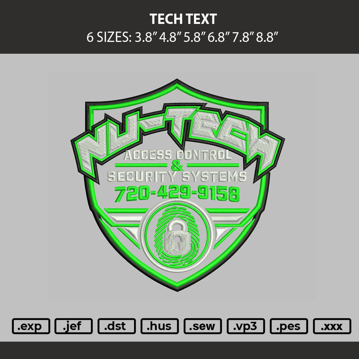 Tech Text Embroidery Machine Design File 6 sizes