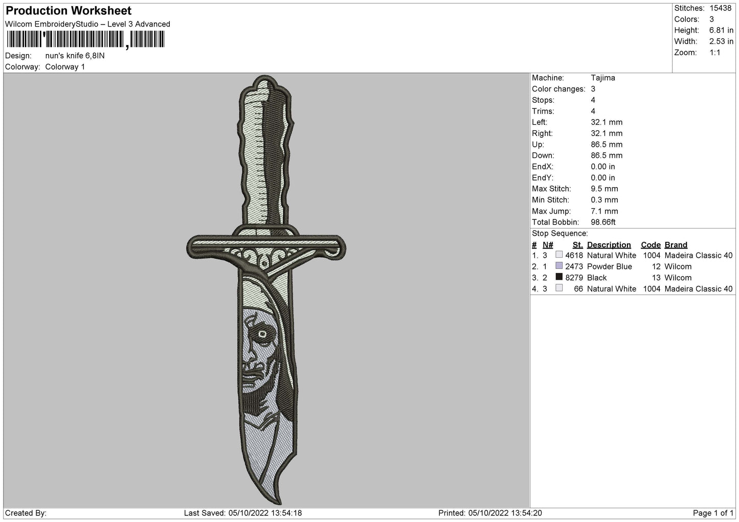 Nun Knife Embroidery File 6 sizes