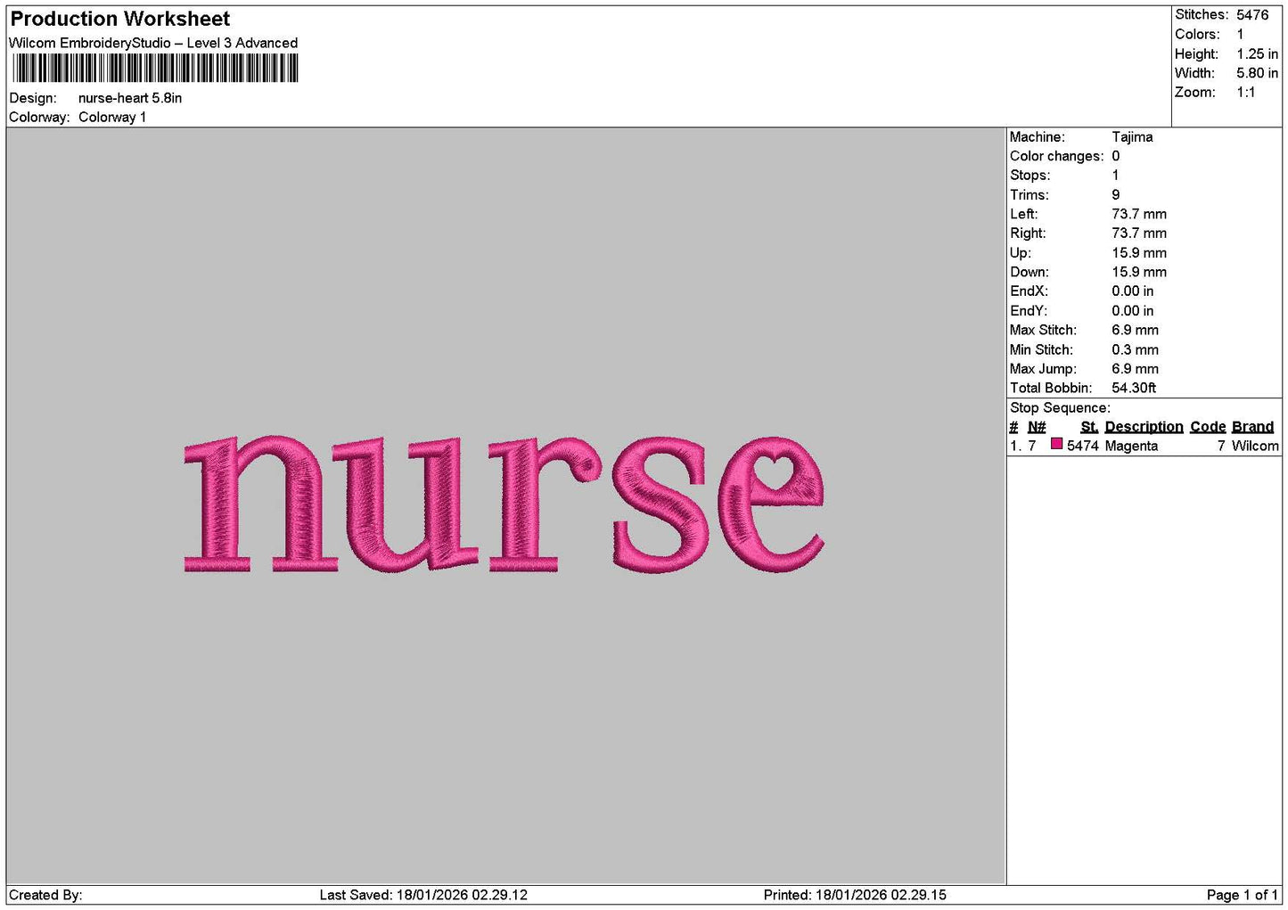 Nursetext 1801 Embroidery File 6 sizes