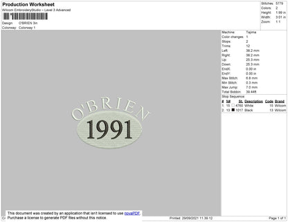 Obrien Embroidery File 4 size