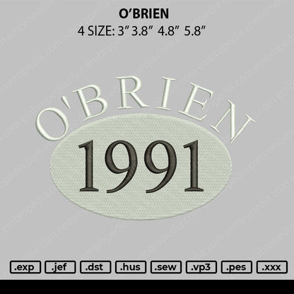 Obrien Embroidery File 4 size