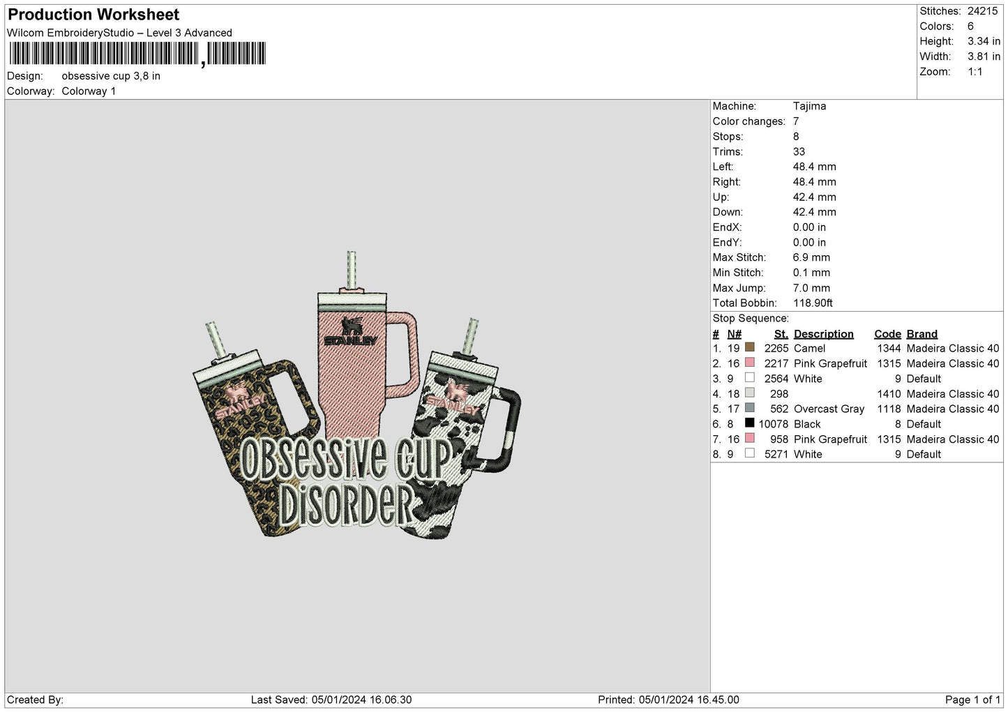 Cups Embroidery File 6 sizes