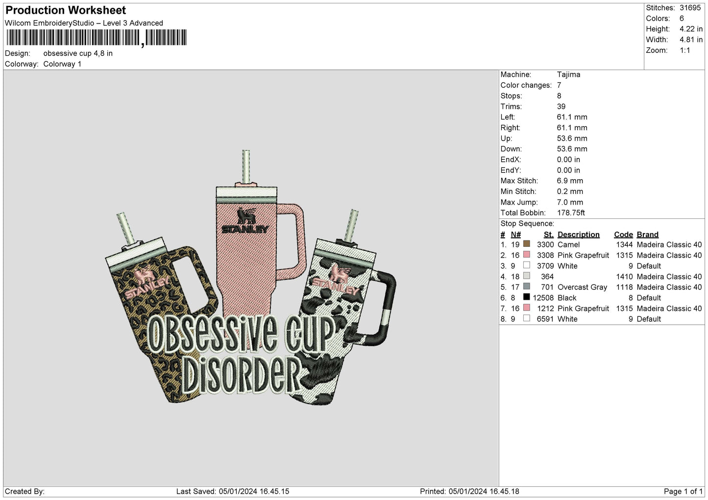 Cups Embroidery File 6 sizes