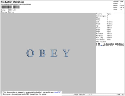 Obey Text Embroidery File 4 size