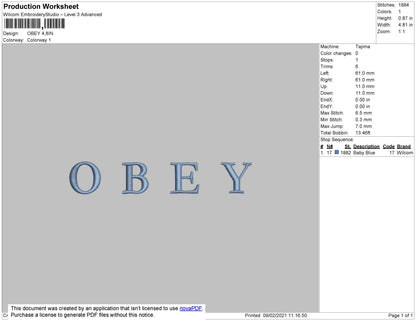 Obey Text Embroidery File 4 size