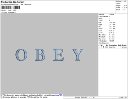 Obey Text Embroidery File 4 size