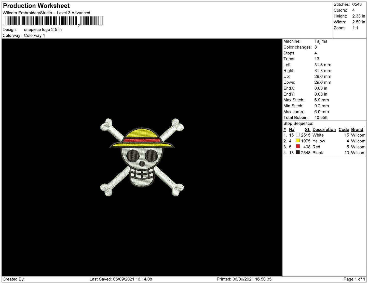 Onepiece Logo Embroidery File 5 Size