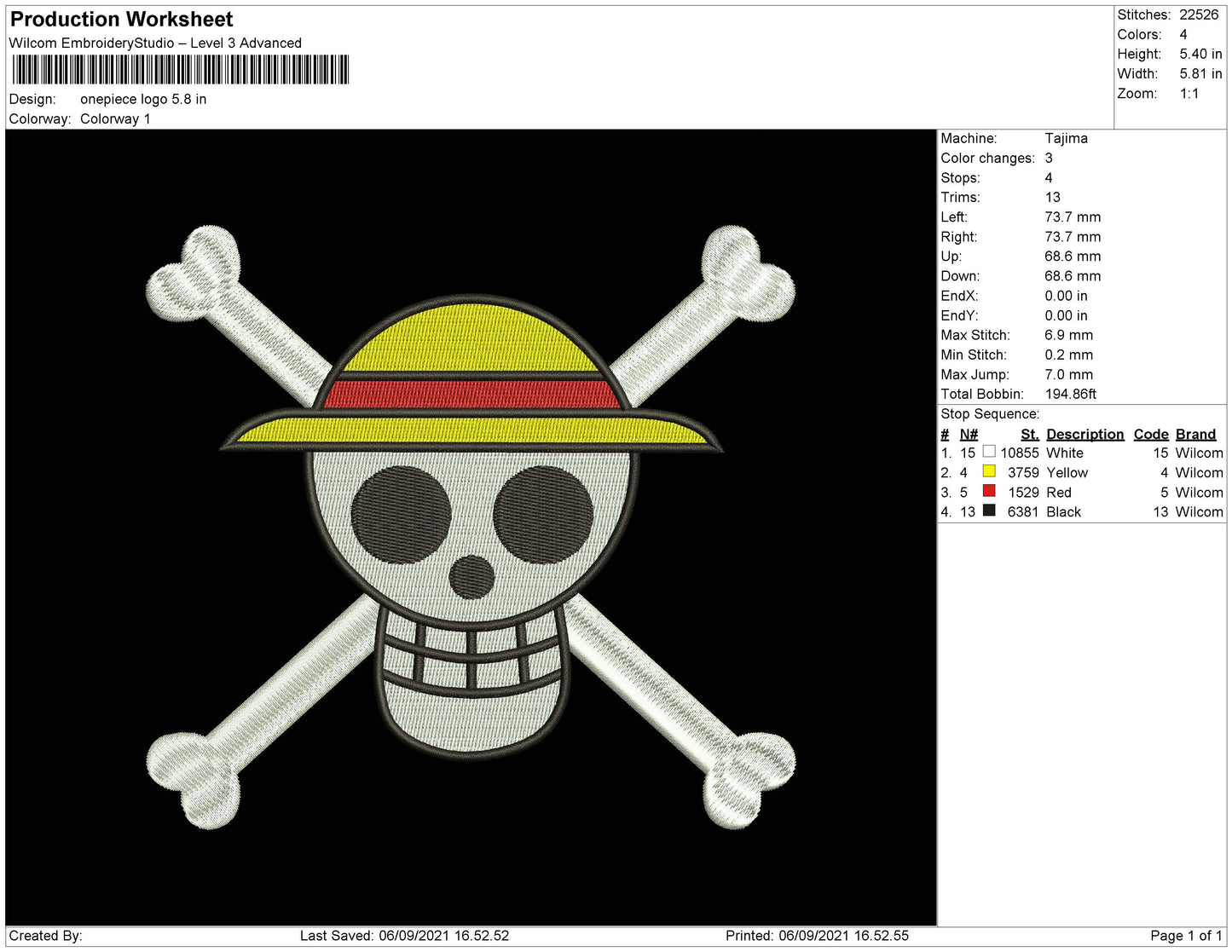 Onepiece Logo Embroidery File 5 Size