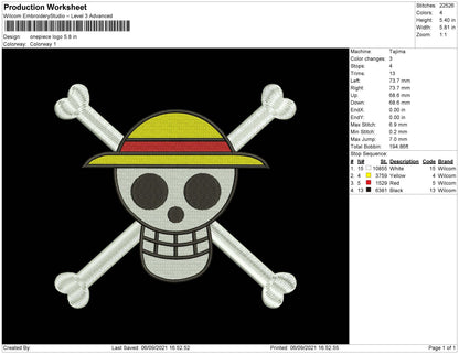 Onepiece Logo Embroidery File 5 Size