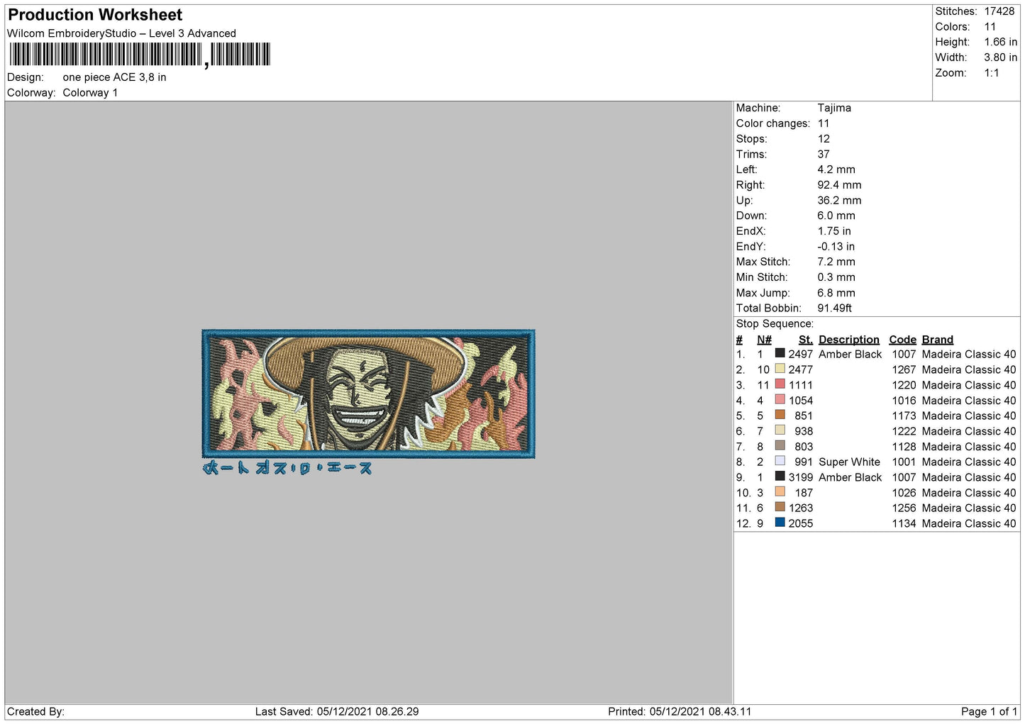 One Piece ACE Embroidery File 4 size