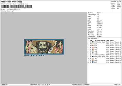 One Piece ACE Embroidery File 4 size