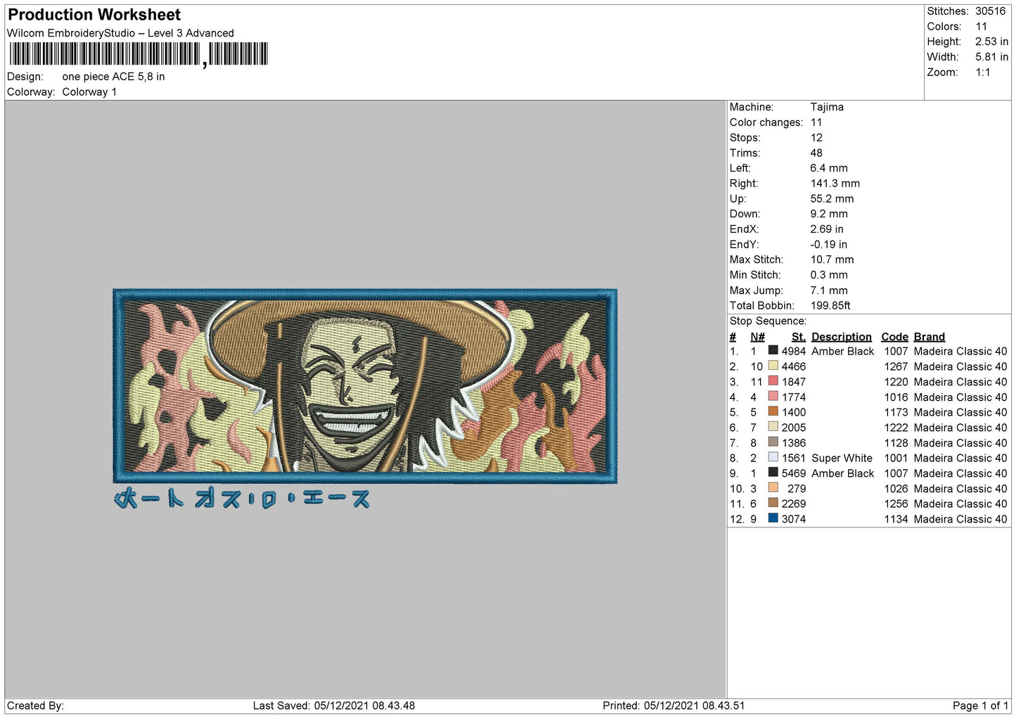 One Piece ACE Embroidery File 4 size
