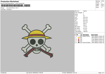One Piece Skull Embroidery File 4 sizes