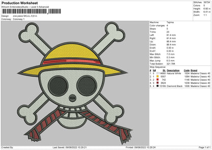 One Piece Skull Embroidery File 4 sizes