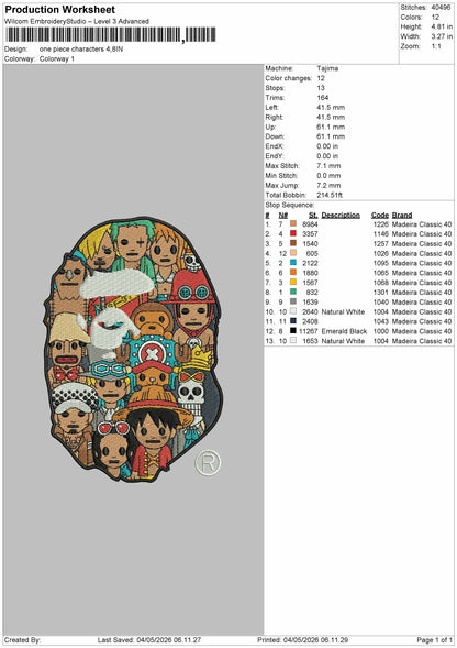 One Piece Characters Embroidery File 6 sizes
