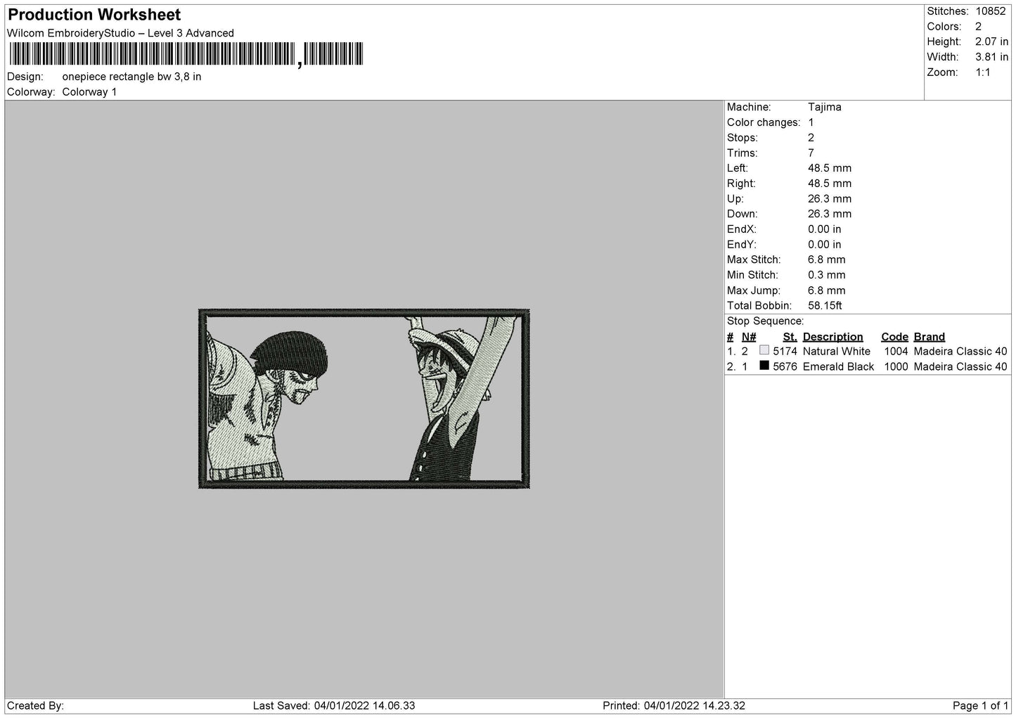 One Piece Rectangle BW Embroidery File 4 size