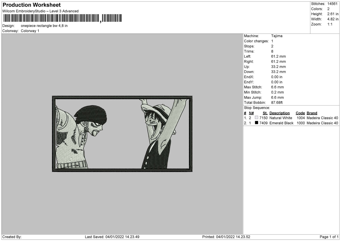 One Piece Rectangle BW Embroidery File 4 size