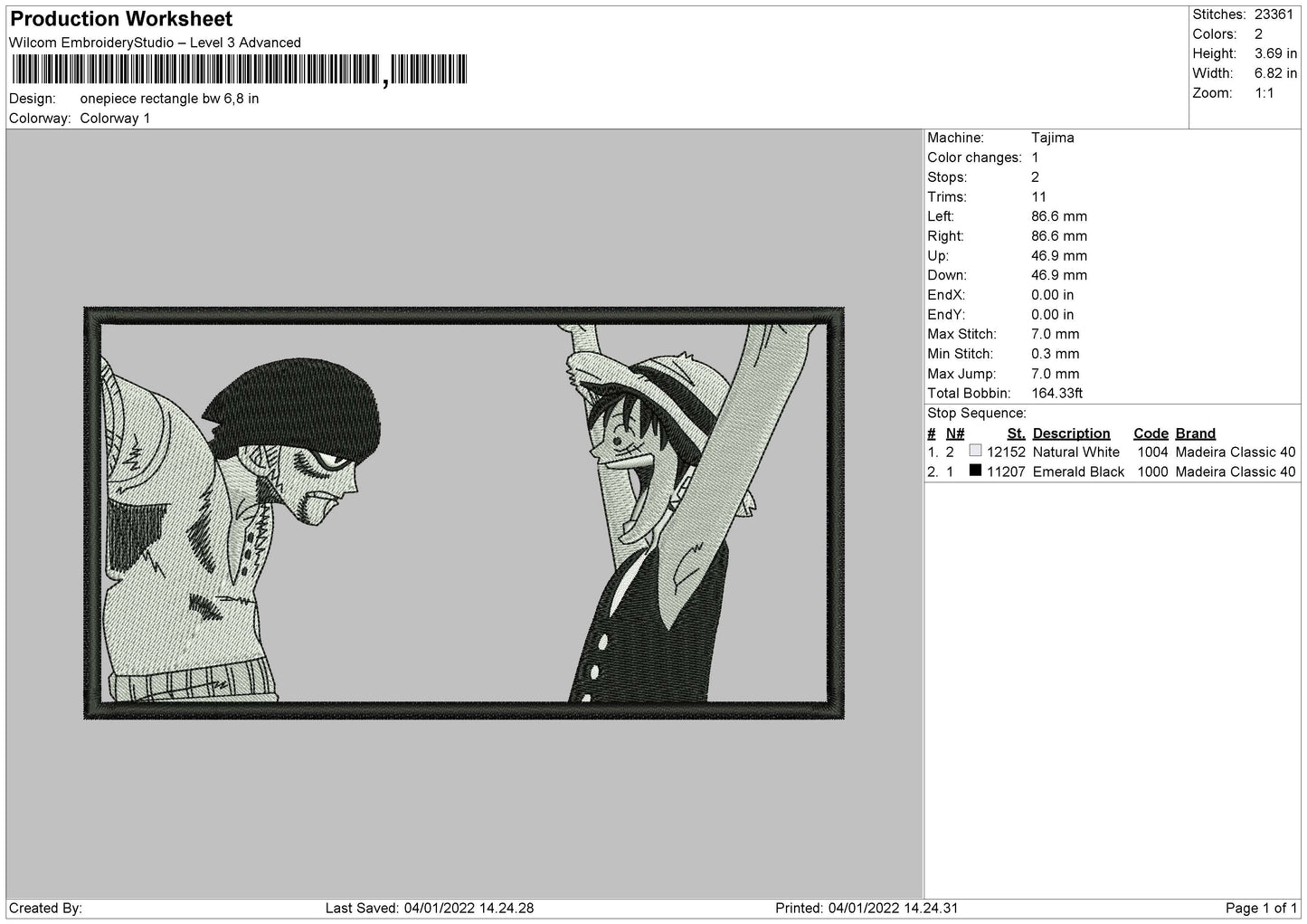 One Piece Rectangle BW Embroidery File 4 size