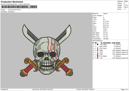 One Piece Skull Embroidery File 4 size