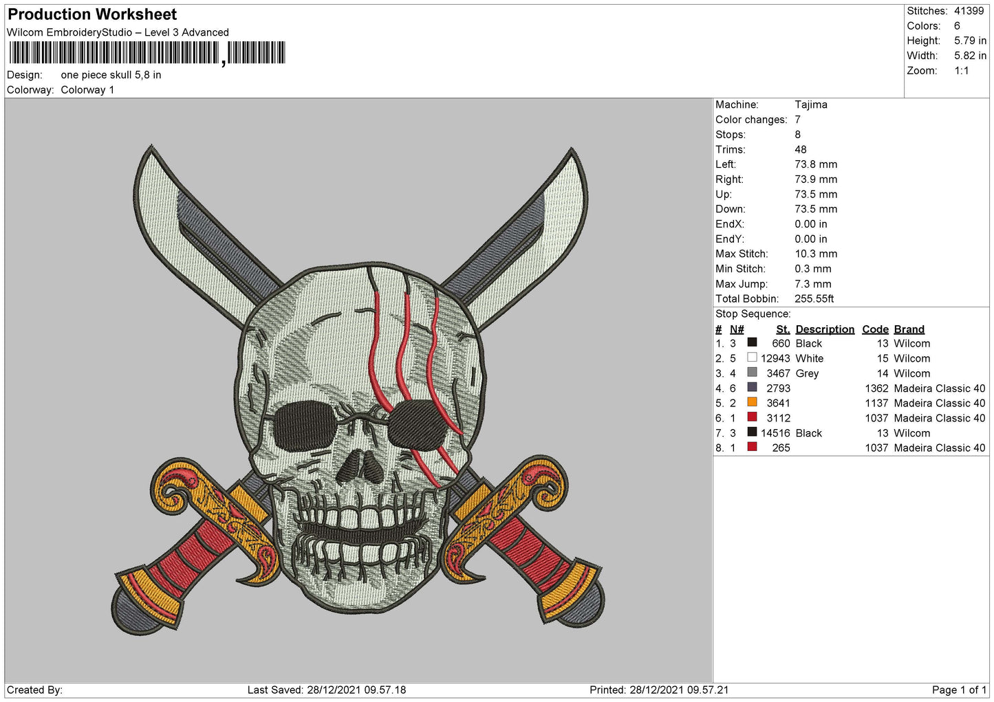One Piece Skull Embroidery File 4 size