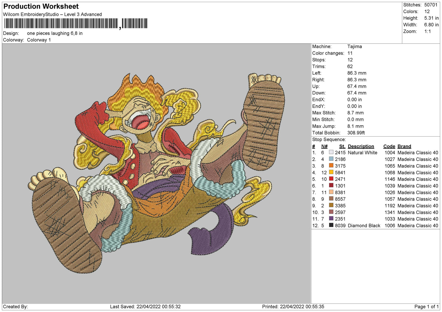 One Piece Laughing Embroidery File 4 size