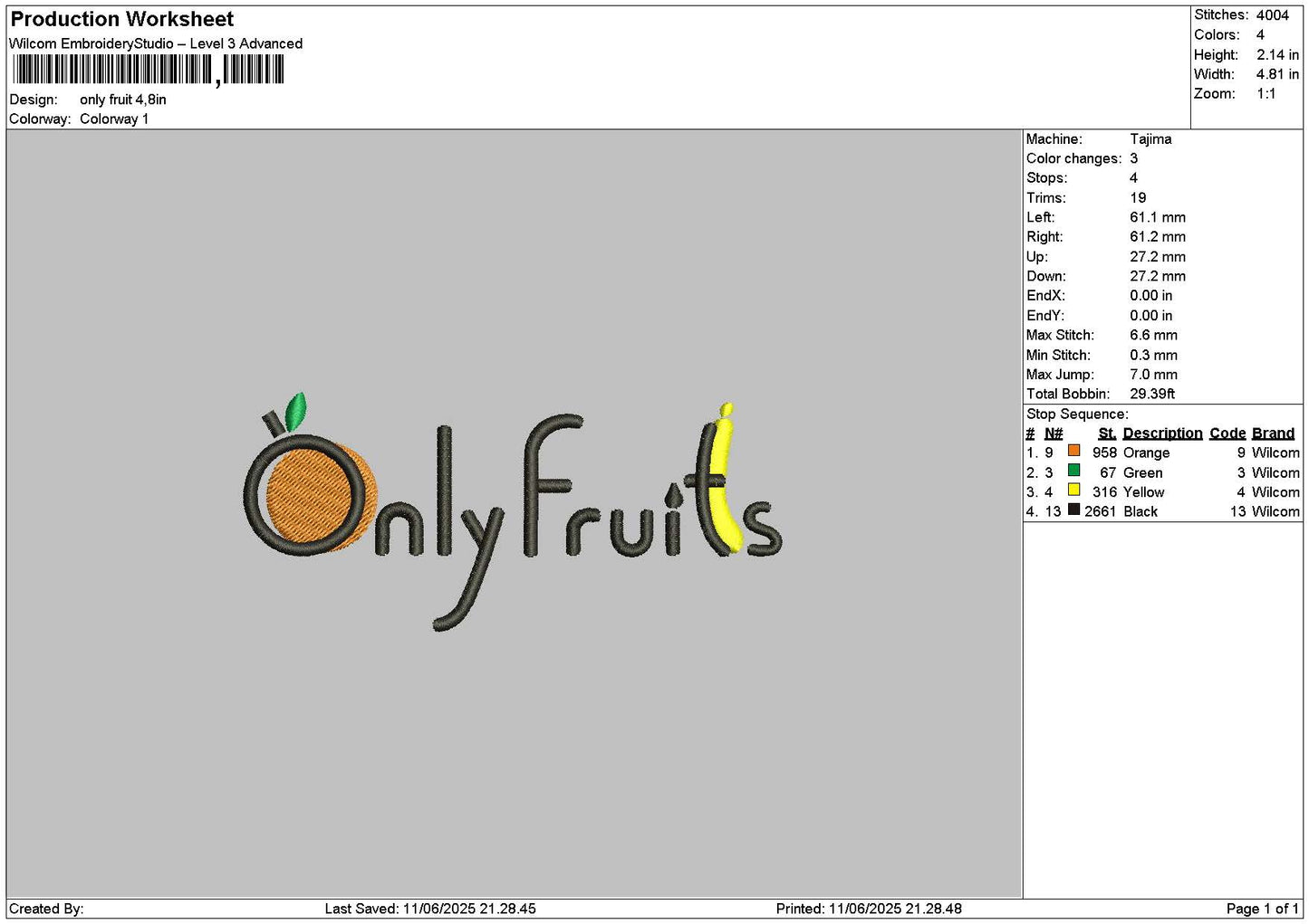 Onlyfruits Text Embroidery File 6 sizes