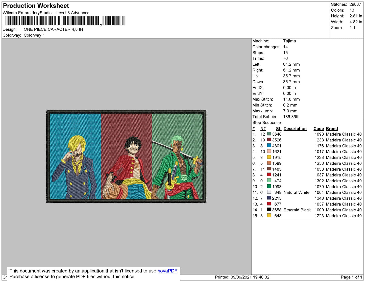 One Piece Character Embroidery File 4 size