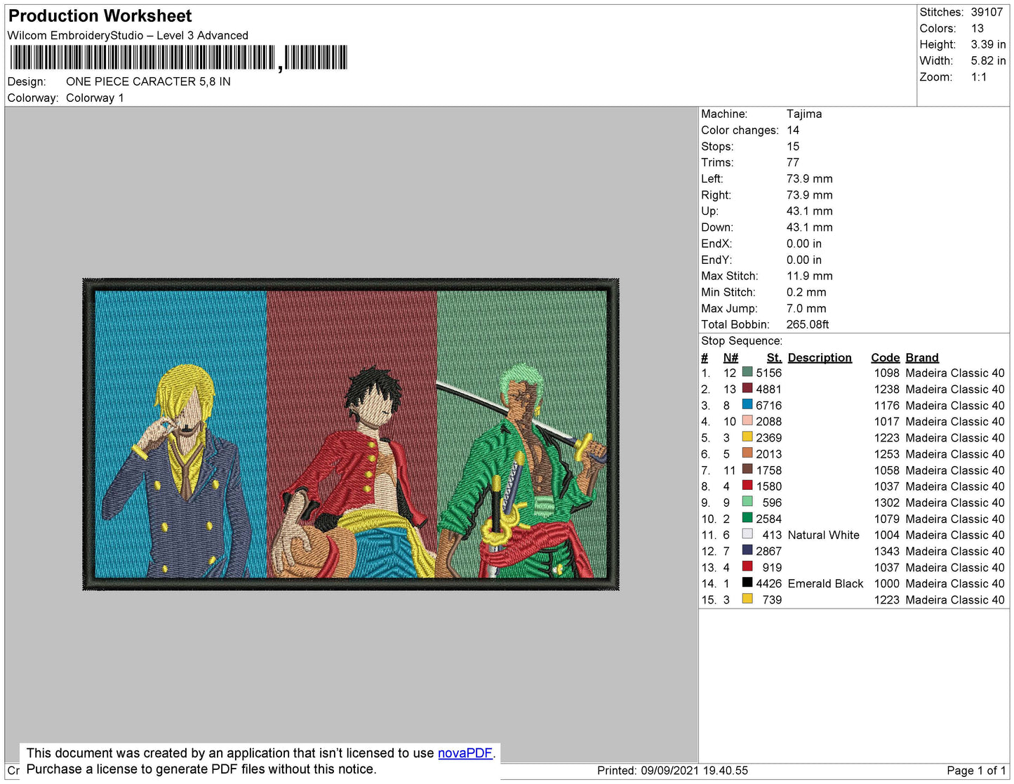 One Piece Character Embroidery File 4 size