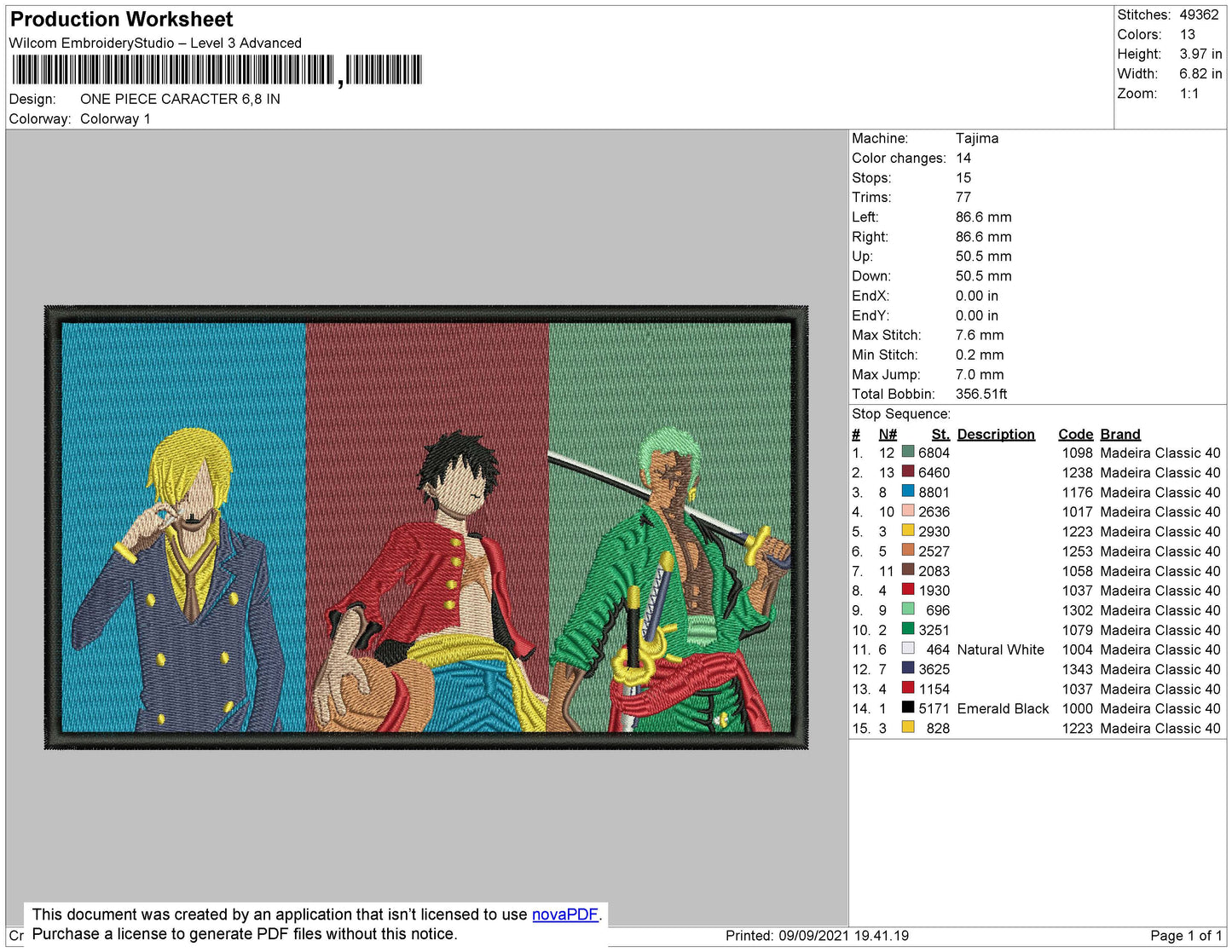 One Piece Character Embroidery File 4 size