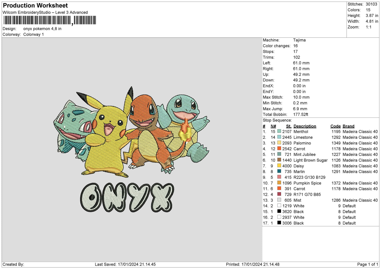 Pokemon1701 Embroidery File 6 sizes