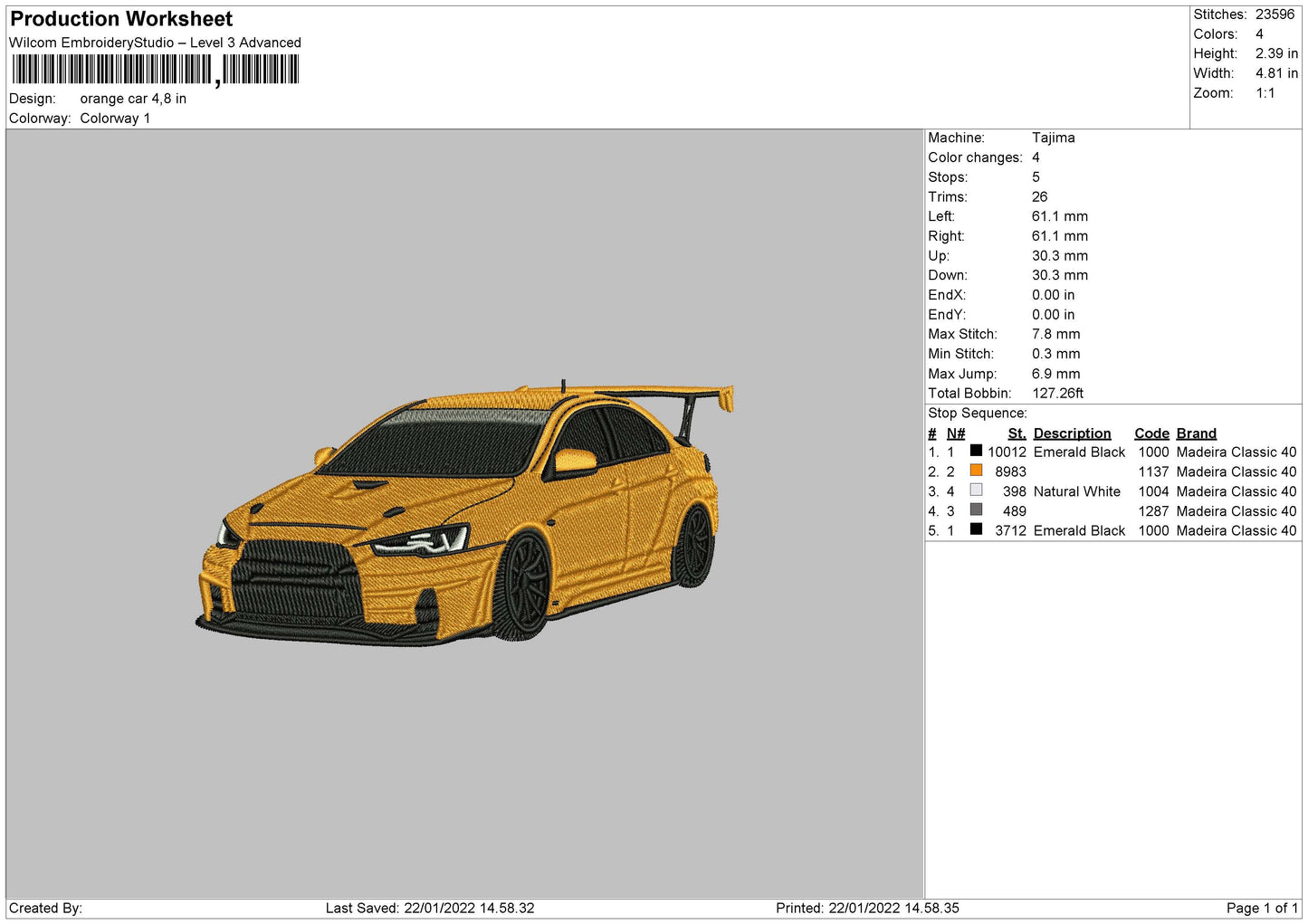 Orange Car Embroidery File 4 size
