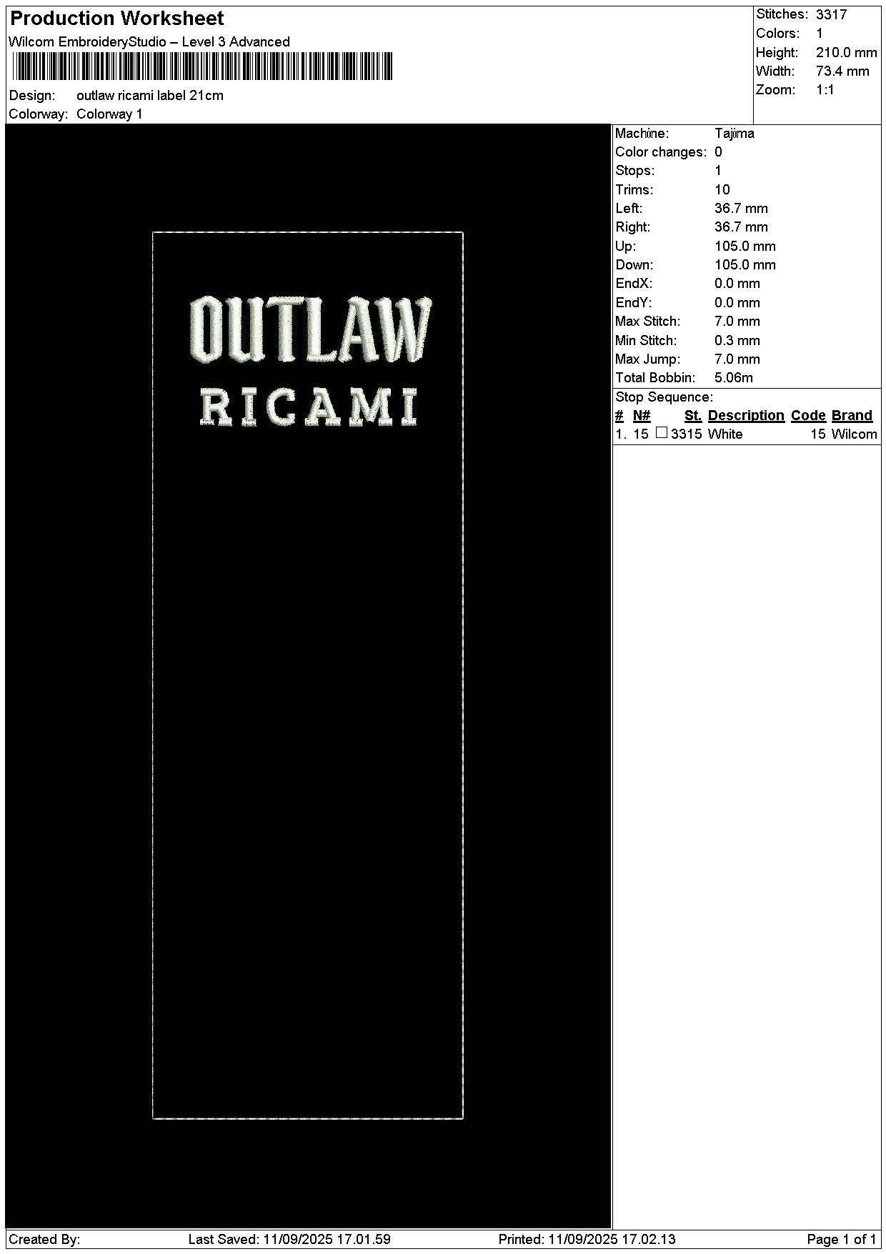 Outlawtext 1109 Embroidery File 6 sizes