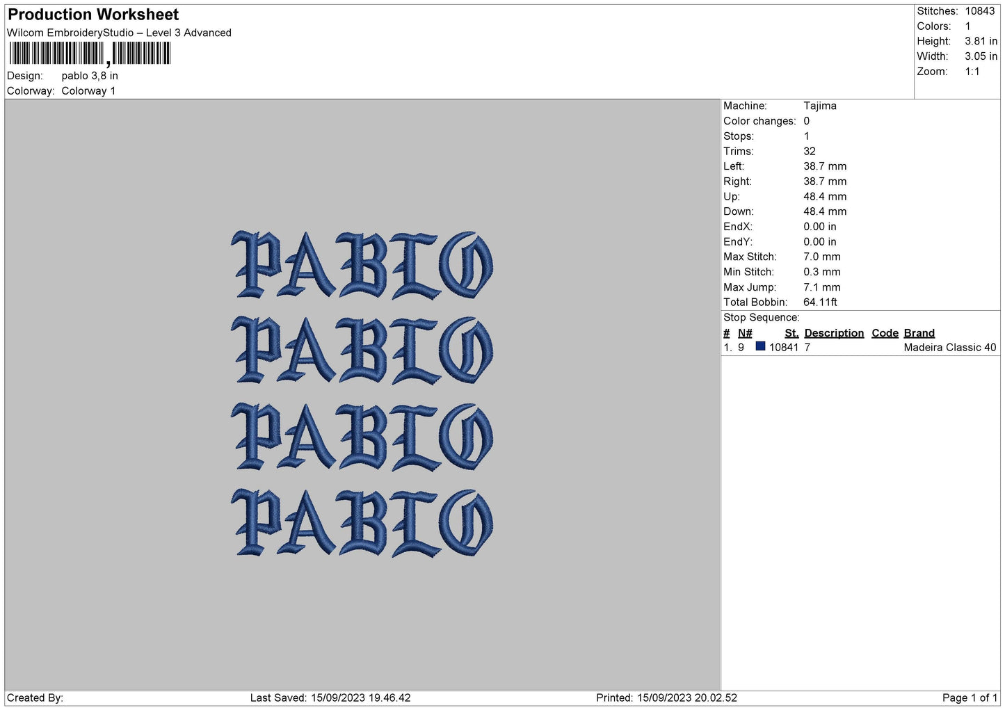Pablo Text Embroidery File 6 sizes