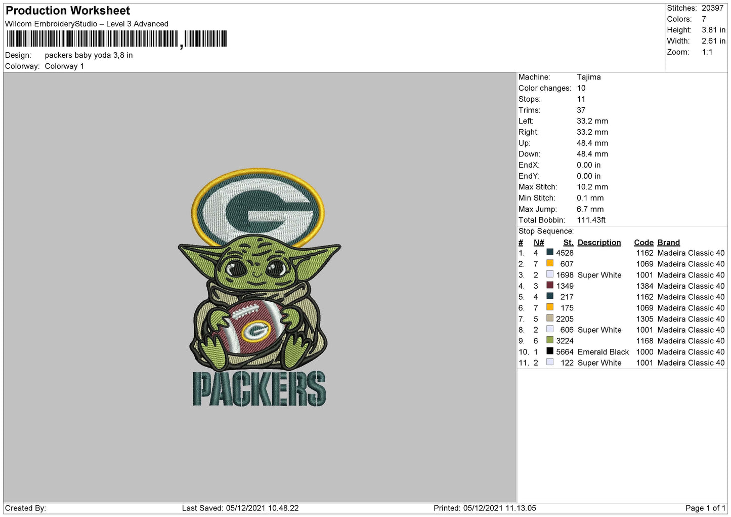 Packers Baby Yoda Embroidery File 4 size