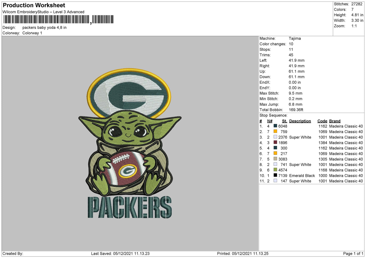 Packers Baby Yoda Embroidery File 4 size