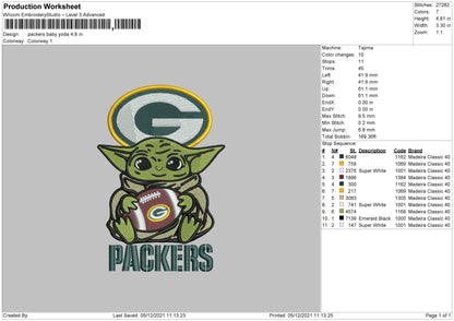 Packers Baby Yoda Embroidery File 4 size