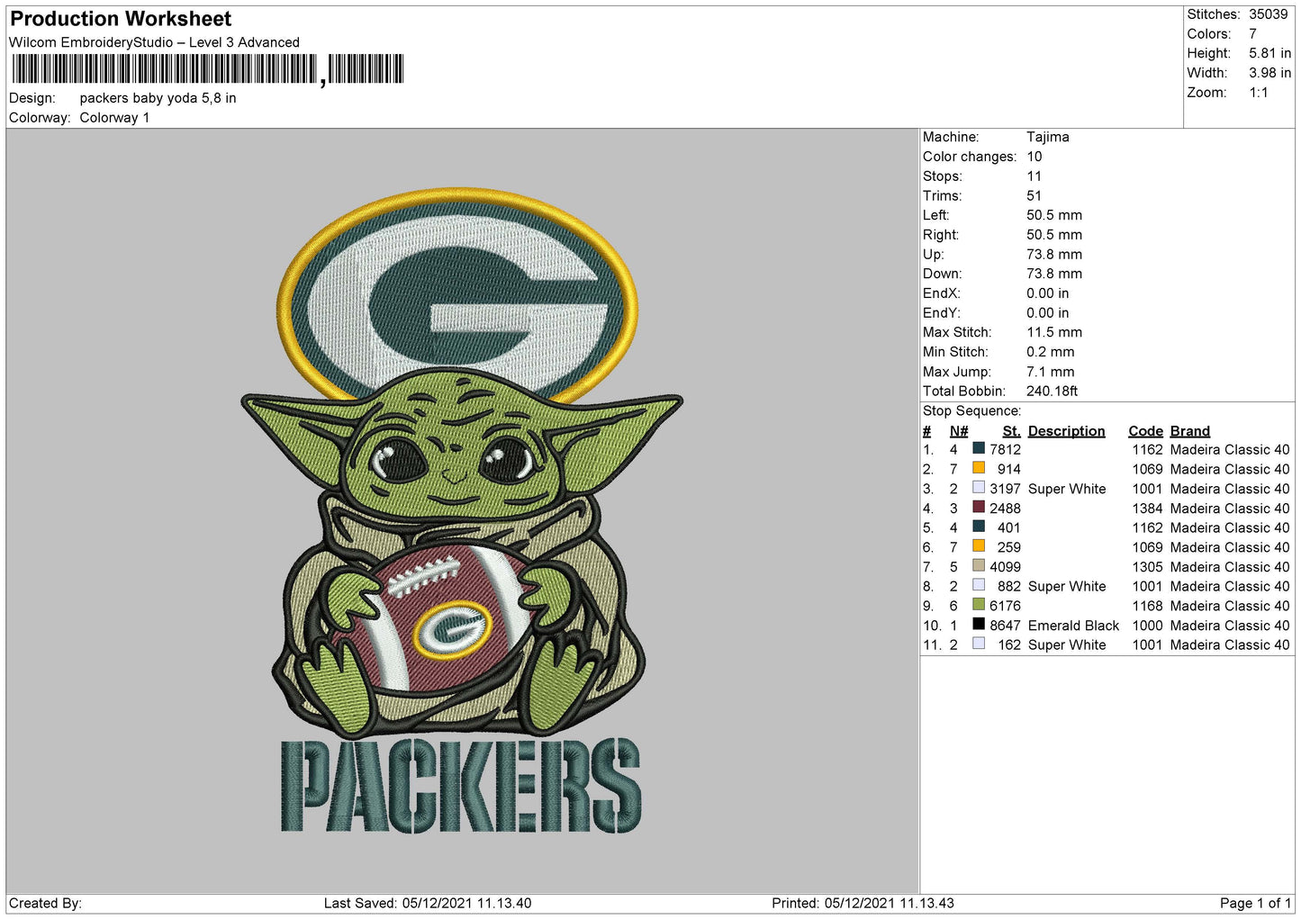Packers Baby Yoda Embroidery File 4 size
