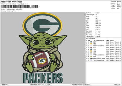 Packers Baby Yoda Embroidery File 4 size